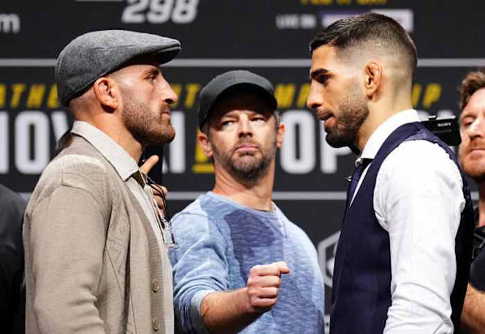 UFC featherweight champion Alexander Volkanovski goes face-to-face with Ilia Topuria.